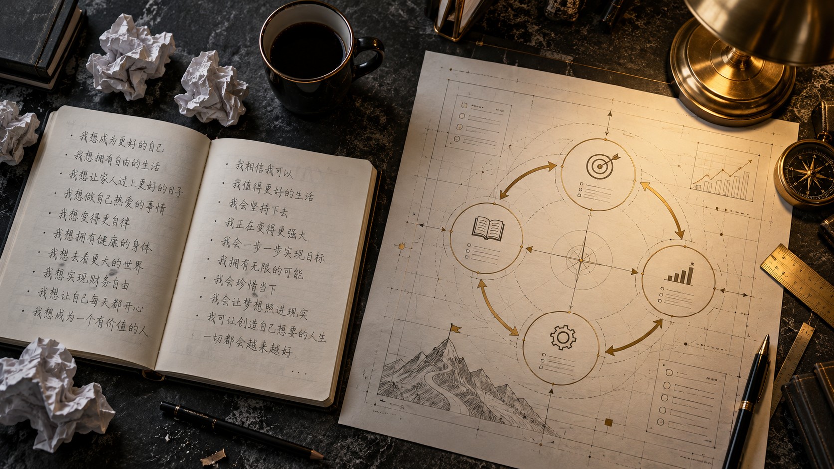 左側是正能量手帳與紙團,右側是精密的行動週期藍圖