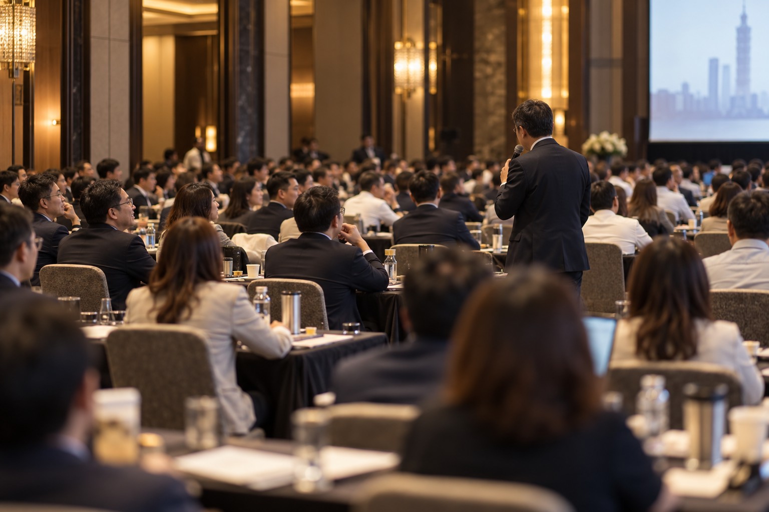 講師走入企業講座人群互動的情境示意